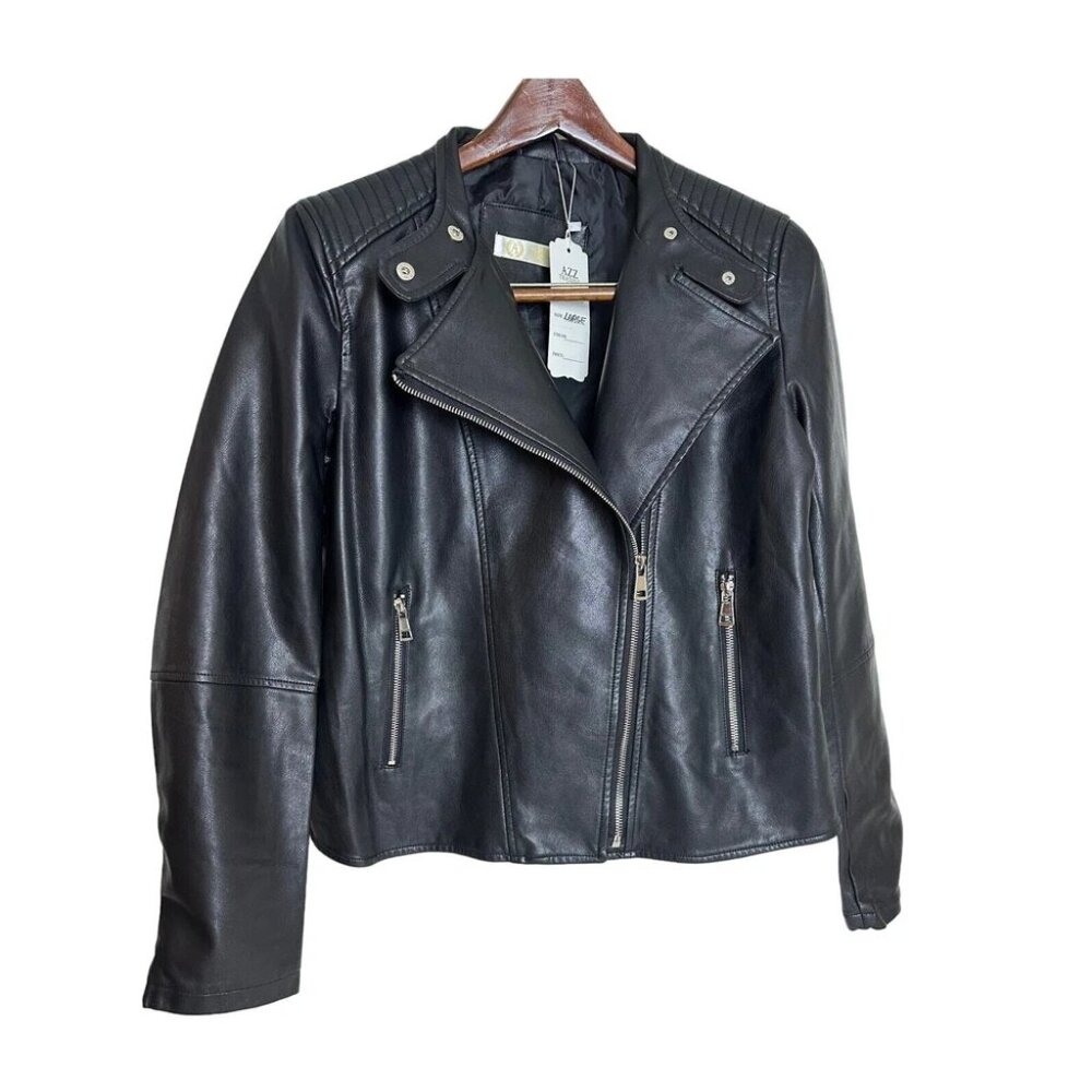 AZZ Trading Women’s Black Faux Leather Moto Biker Jacket Asymmetrical Zip M/L/XL
